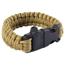 Paracord bracelet with fire starter and whistle, tan