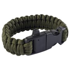Paracord bracelet with fire starter and whistle, green